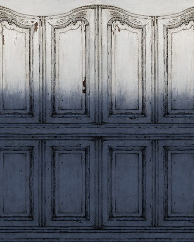 Tapet 3D cu aspectul unor panouri pariziene vopsite cu o tehnica de dip dye, in nuante de albastru si gri, cu o textura in relief.