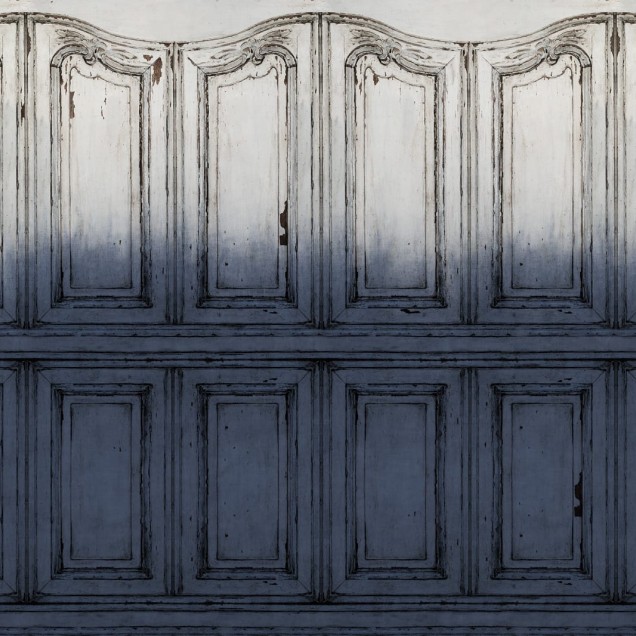 Tapet 3D cu aspectul unor panouri pariziene vopsite cu o tehnica de dip dye, in nuante de albastru si gri, cu o textura in relief.