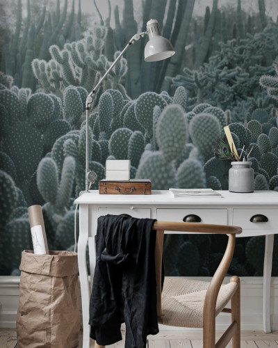 Tapet 3D Cacti - Imaginea prezintă un perete cu un tapet 3D cu cactuși verzi.
