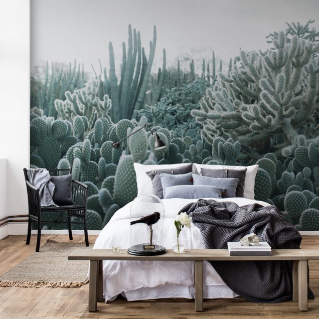 Tapet 3D Cacti - Imaginea prezintă un perete cu un tapet 3D cu cactuși verzi.