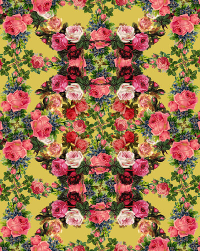 Foto tapet Floral Frida cu trandafiri roz și roșii pe un fundal galben vibrant
