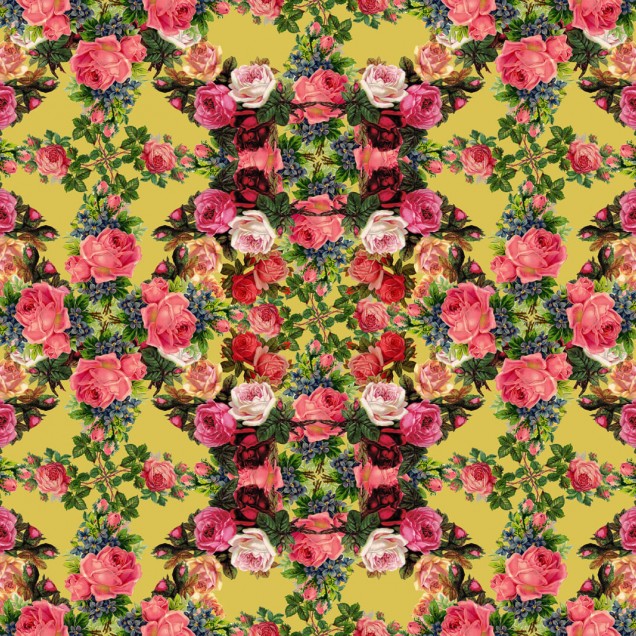 Foto tapet Floral Frida cu trandafiri roz și roșii pe un fundal galben vibrant