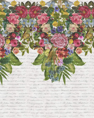 Tapet floral romantic cu design floral vibrant pe un fundal alb cu litere scrise de mână.