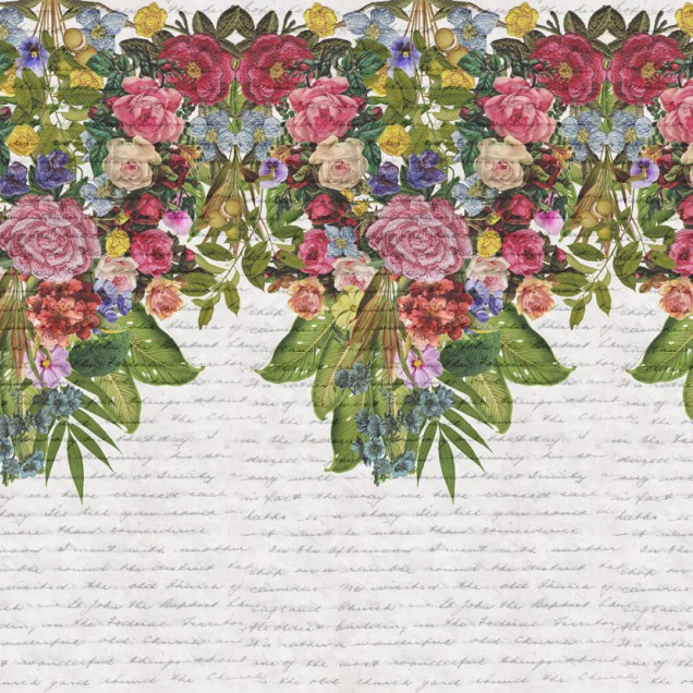 Tapet floral romantic cu design floral vibrant pe un fundal alb cu litere scrise de mână.