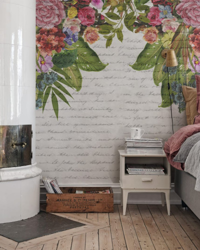 Tapet floral romantic cu design floral vibrant pe un fundal alb cu litere scrise de mână.