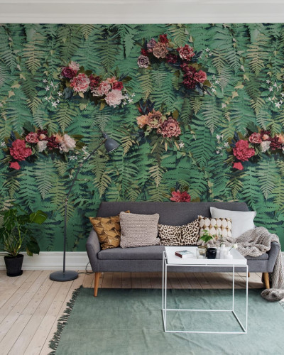 Tapet cu flori Unfading Flowers - model floral cu frunze verzi