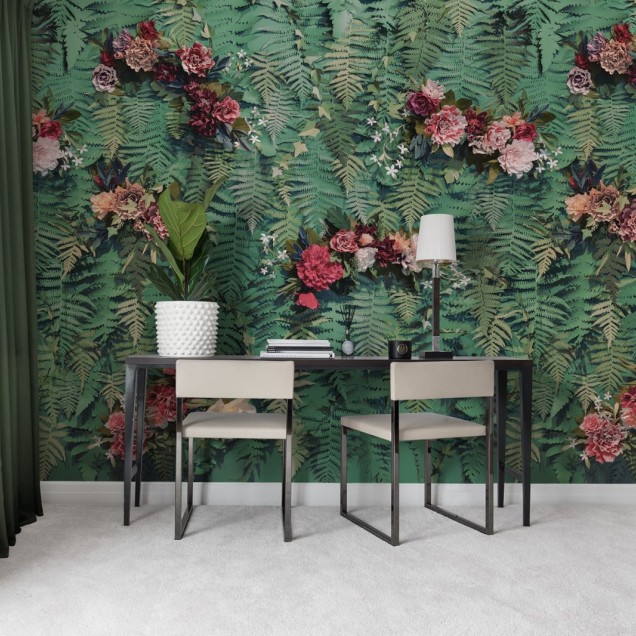 Tapet cu flori Unfading Flowers - model floral cu frunze verzi