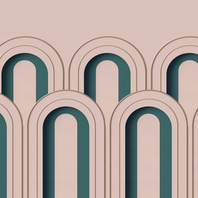 Tapet 3D Arch Deco cu design geometric, in nuante de roz, verde si auriu, decorat cu arcuri suprapuse. Tapetul este prezentat in interiorul unei camere de zi moderne.