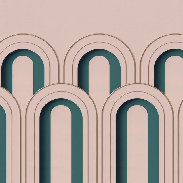 Tapet 3D Arch Deco cu design geometric, in nuante de roz, verde si auriu, decorat cu arcuri suprapuse. Tapetul este prezentat in interiorul unei camere de zi moderne.