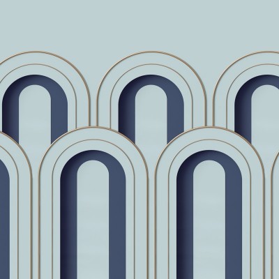 Tapet 3D Arch Deco, Albastru, cu arcade de culoare albastră pe un fond gri, in dormitor