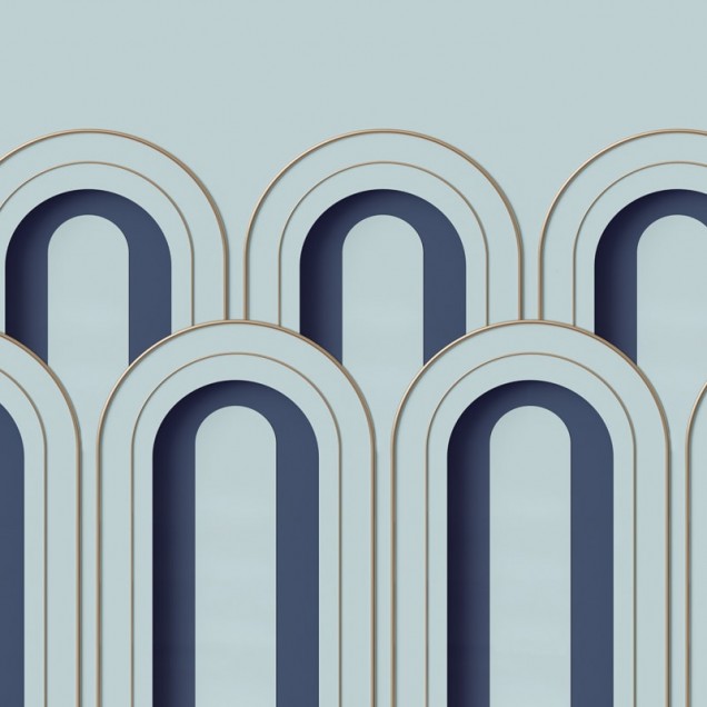 Tapet 3D Arch Deco, Albastru, cu arcade de culoare albastră pe un fond gri, in dormitor