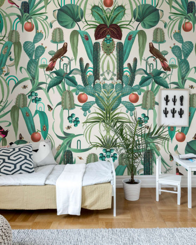 Tapet cu un design tropical cu cactuși, păsări și insecte