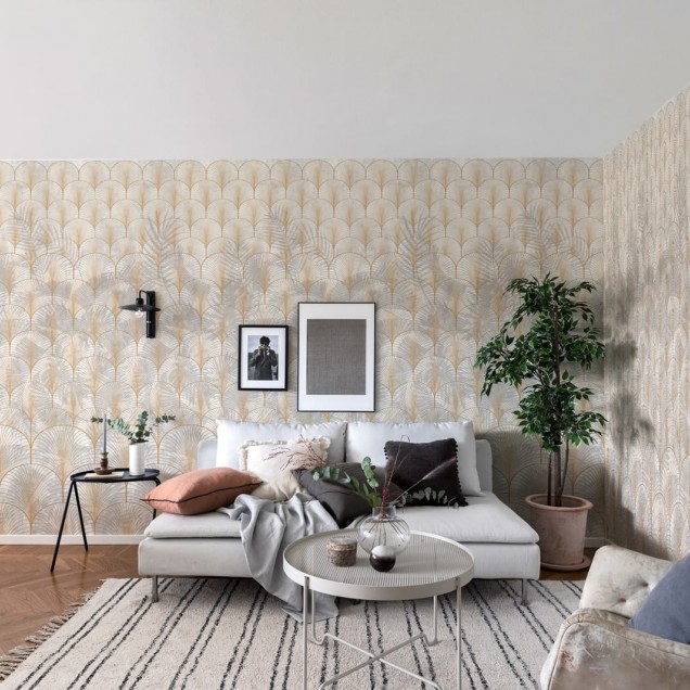 Tapet modern cu design geometric, inspirat din stilul Art Deco, cu o textura fina si o combinatie de culori neutre.