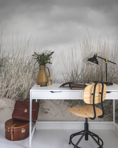 Tapet Pale Shore cu design minimalist, cu ierburi înalte și un cer gri, perfect pentru a adăuga o notă de eleganță și rafinament oricărei încăperi.
