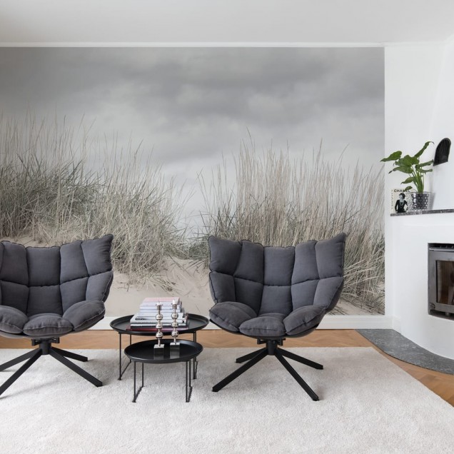 Tapet Pale Shore cu design minimalist, cu ierburi înalte și un cer gri, perfect pentru a adăuga o notă de eleganță și rafinament oricărei încăperi.