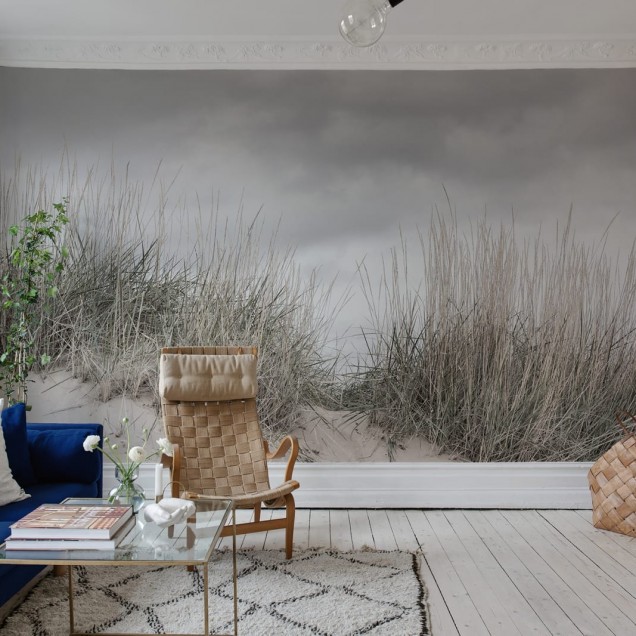 Tapet Pale Shore cu design minimalist, cu ierburi înalte și un cer gri, perfect pentru a adăuga o notă de eleganță și rafinament oricărei încăperi.