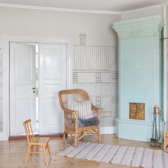 Tapet cu un design minimalist, ce prezintă o casă desenată pe un perete gri.