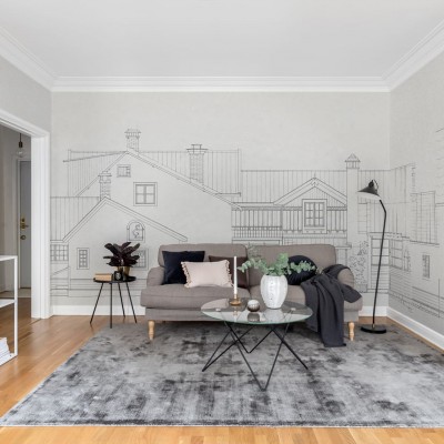 Tapet cu un design minimalist, ce prezintă o casă desenată pe un perete gri.