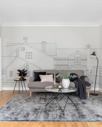 Tapet cu un design minimalist, ce prezintă o casă desenată pe un perete gri.