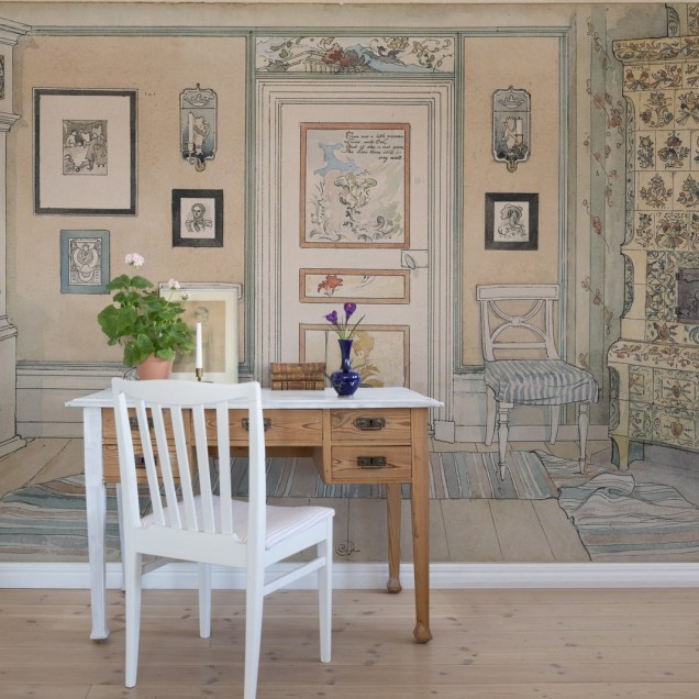Tapet vintage Hemma, cu un design unic ce prezintă o cameră veche cu un șemineu din cărămidă, un scaun și o ușă veche.