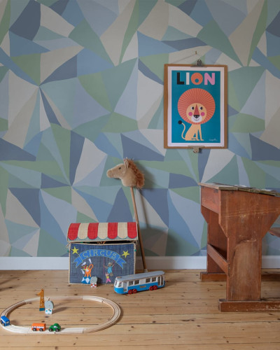 Tapet geometric modern cu model retro în nuanțe de albastru, verde și gri