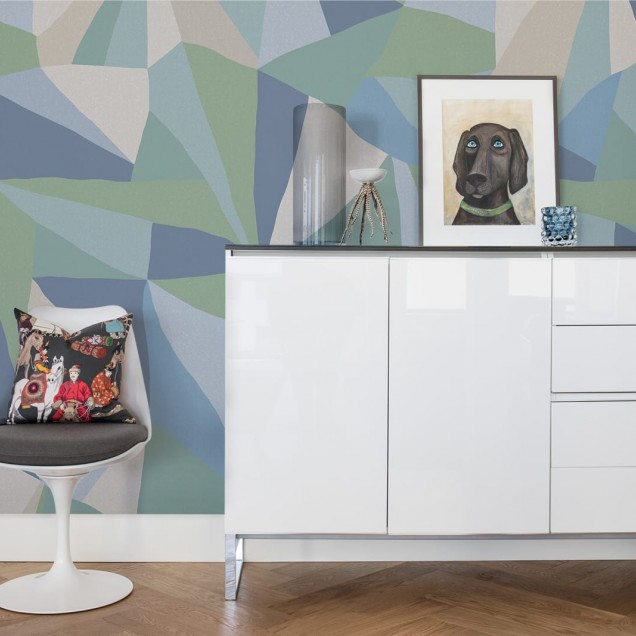 Tapet geometric modern cu model retro în nuanțe de albastru, verde și gri