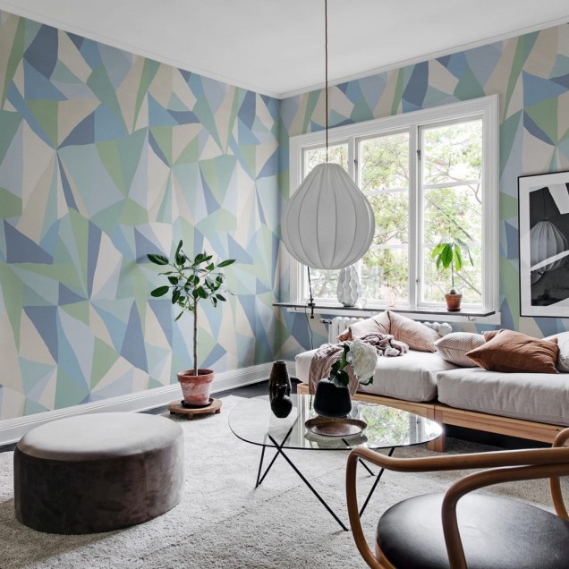 Tapet geometric modern cu model retro în nuanțe de albastru, verde și gri