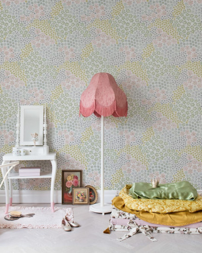 Tapet cu flori mici, Perennials, în nuanțe pastelate de roz, galben și verde