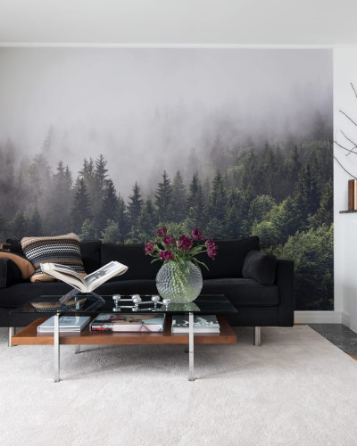 Fototapet cu pădure de brazi în ceață în living modern