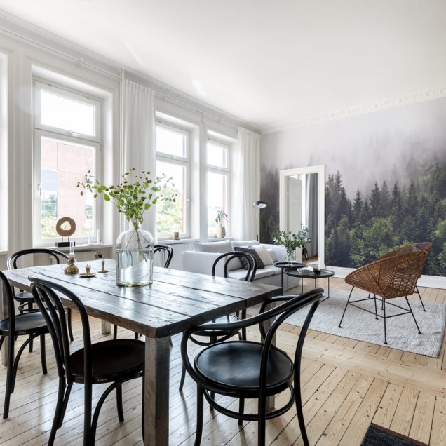 Fototapet cu pădure de brazi în ceață în living modern