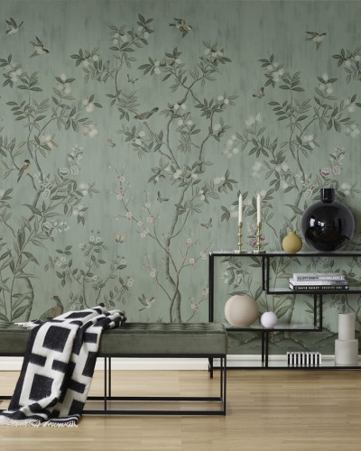 Tapet cu model chinoiserie chic în nuanțe de verde jad