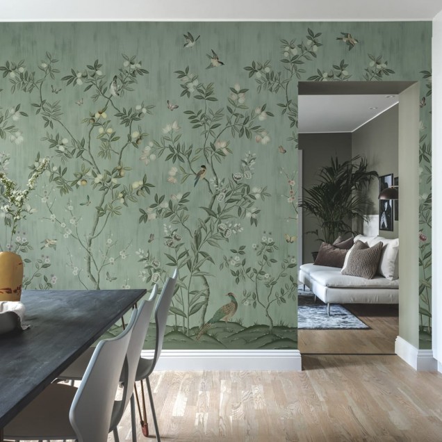 Tapet cu model chinoiserie chic în nuanțe de verde jad