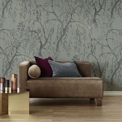 Tapet cu design floral cu ramuri delicate ale salciei plângătoare în nuanțe de verde jad