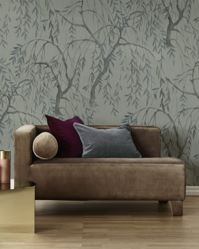 Tapet cu design floral cu ramuri delicate ale salciei plângătoare în nuanțe de verde jad