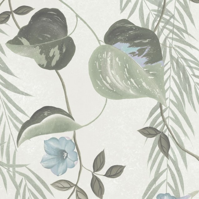 Tapet botanic cu frunze delicate și flori pastelate, Lush Foliage, Sage Tint