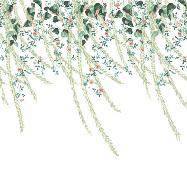 Tapet cu frunze verzi si flori roz pale, Lush Foliage, in dormitor