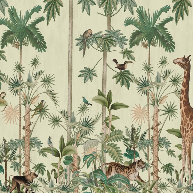 Tapet cu girafe in padurea tropicala, palmieri, pasari si maimute