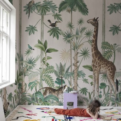 Fototapet Giraffe's Stroll, Pastel Pink, personalizat, Rebel Walls, Fototapet pentru copii 