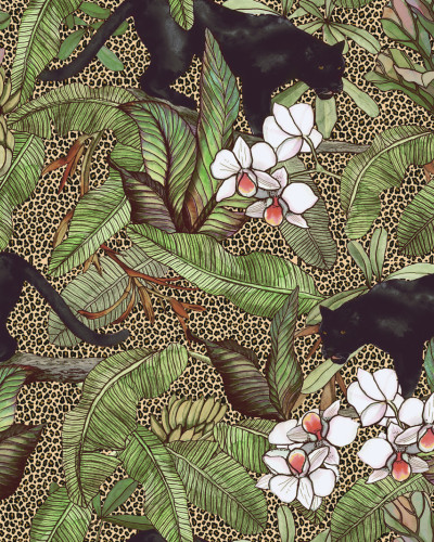 Tapet cu pantere negre elegante și frunze tropicale.