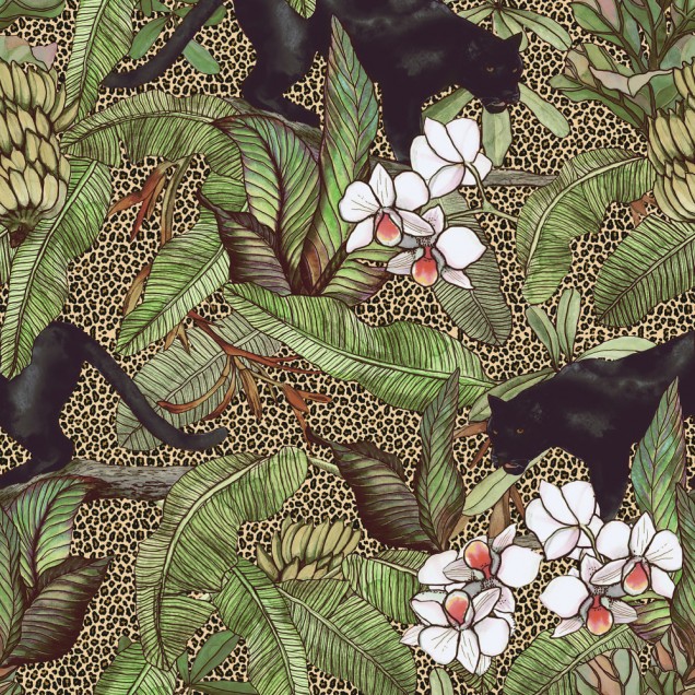 Tapet cu pantere negre elegante și frunze tropicale.