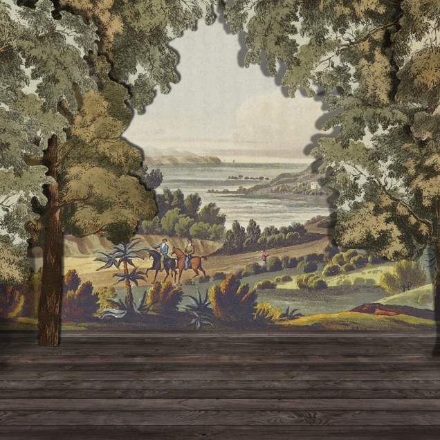 Tapet Coulisse Rebel Walls - un peisaj romantic cu copaci și o panoramă a coastei.