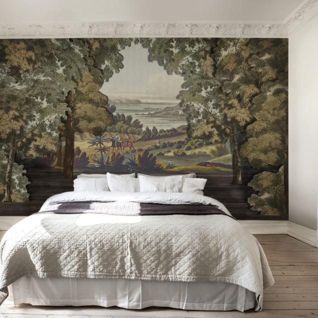 Tapet Coulisse Rebel Walls - un peisaj romantic cu copaci și o panoramă a coastei.