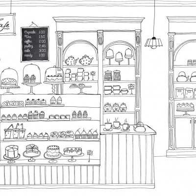 Tapet cu design de patiserie, cu o imagine a unei patiserii clasice cu o mulțime de delicatese.