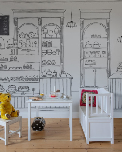 Tapet cu design de patiserie, cu o imagine a unei patiserii clasice cu o mulțime de delicatese.