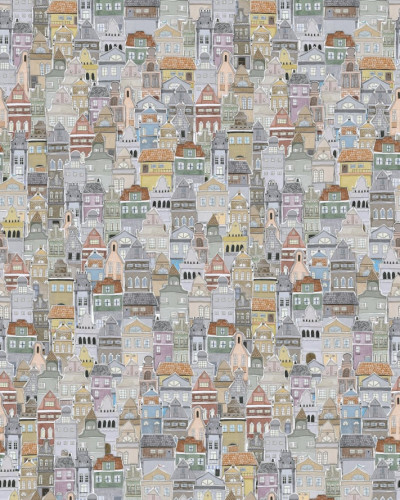 Tapet cu design unic Notting Hill - Imaginea este formata din sute de case mici, desenate cu o nota de umor si culoare.