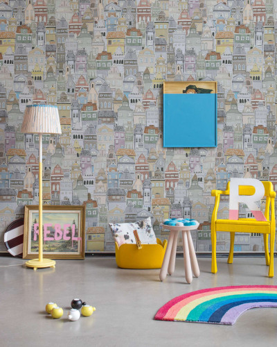 Tapet cu design unic Notting Hill - Imaginea este formata din sute de case mici, desenate cu o nota de umor si culoare.
