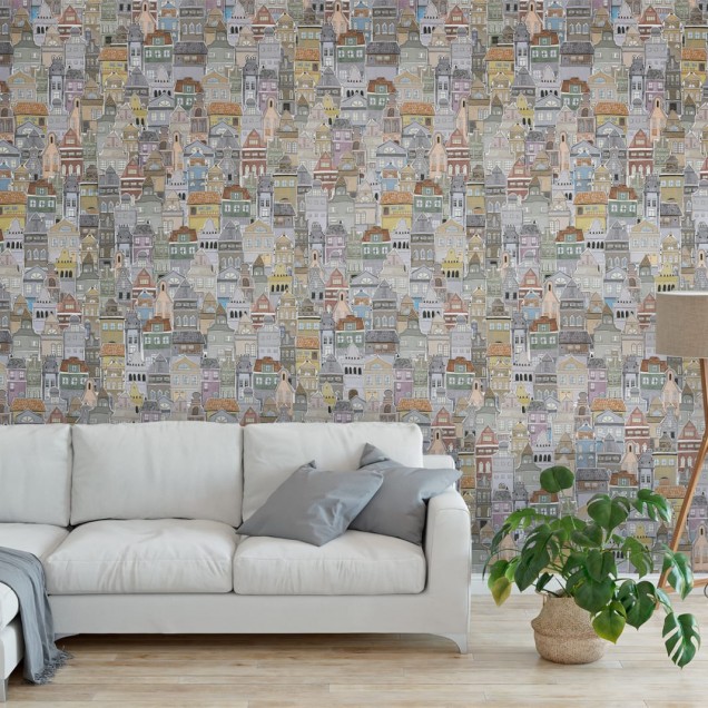 Tapet cu design unic Notting Hill - Imaginea este formata din sute de case mici, desenate cu o nota de umor si culoare.