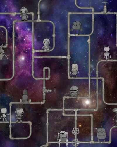Tapet cu roboți pe un fundal de galaxie sclipitoare