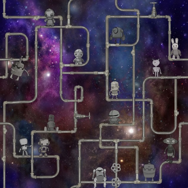 Tapet cu roboți pe un fundal de galaxie sclipitoare