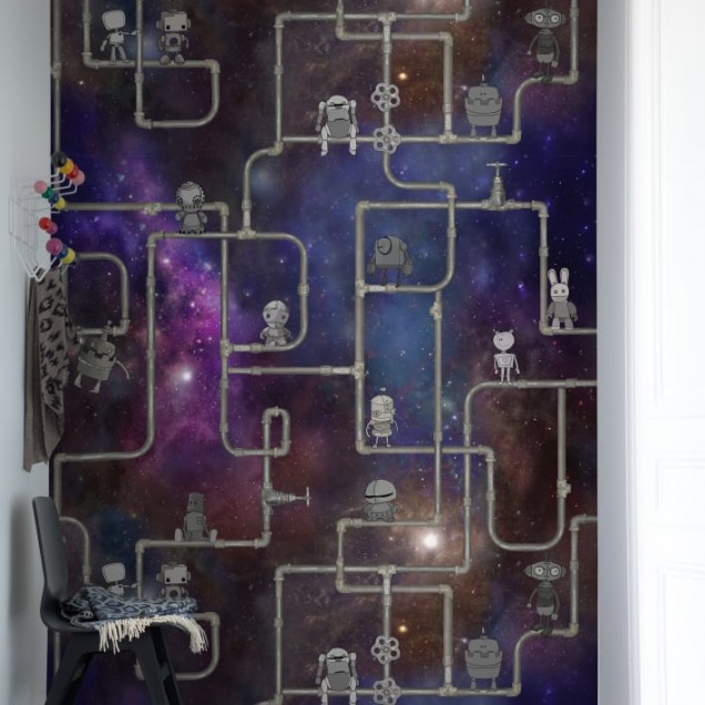 Tapet cu roboți pe un fundal de galaxie sclipitoare